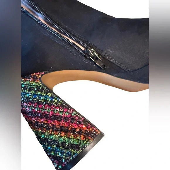 Betsey Johnson NWOT Stunning Black Ankle Boots Multicolor Rhinestone Heel (SH36) - Picture 6 of 9